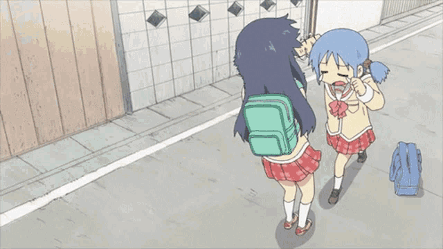 a cartoon drawing of a girl with blue hair and a backpack