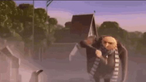 a cartoon character from despicable me is walking down a street with a house in the background .
