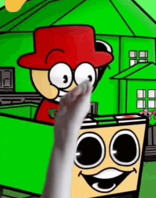 a cat 's paw is reaching out towards a cartoon character in a green house .