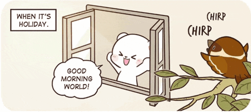 a cartoon of a bear looking out a window with a speech bubble that says good morning world