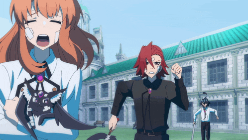 a group of anime characters are standing in front of a building with a green roof