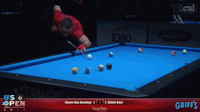 a pool table with us open written on the bottom