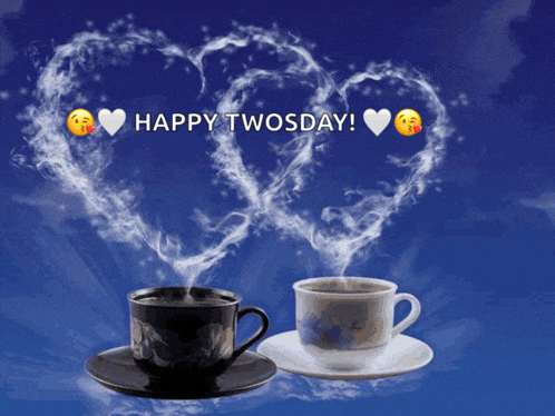 two cups of coffee with smoke coming out of them and the words happy twosday above them