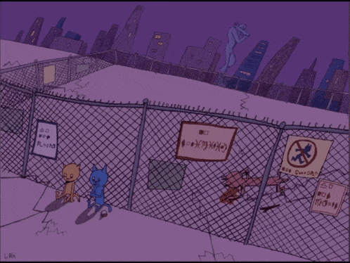 a cartoon drawing of a fence with signs on it including one that says no dogs