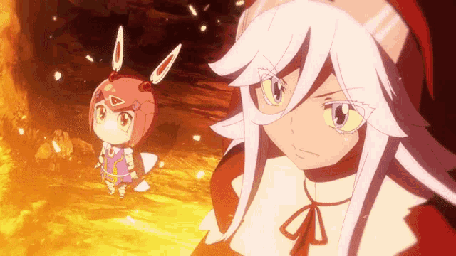 two anime characters are standing next to each other and one has white hair