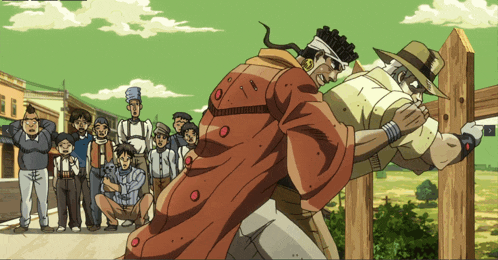 a cartoon of two men standing next to each other with a group of people behind them