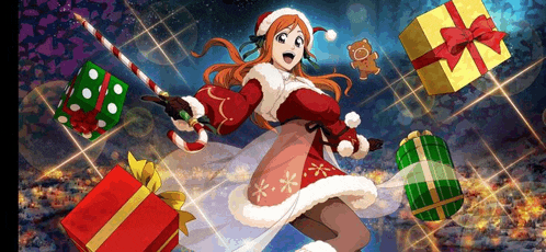 a girl in a santa claus costume is holding a candy cane surrounded by gifts .
