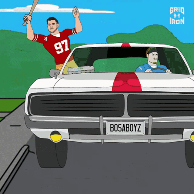 a cartoon of two men in a car with bosaboyz written on the license plate