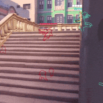 a set of stairs with a green sign that says ' a & r ' on it