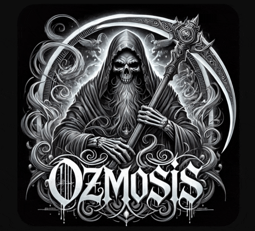 an illustration of a grim reaper holding a scythe and the words ozmosis