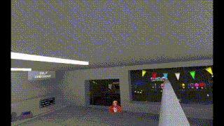 a computer generated image of a room with a help checkout sign