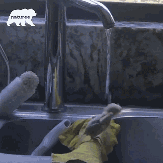 a naturee logo can be seen on a sink with a bird