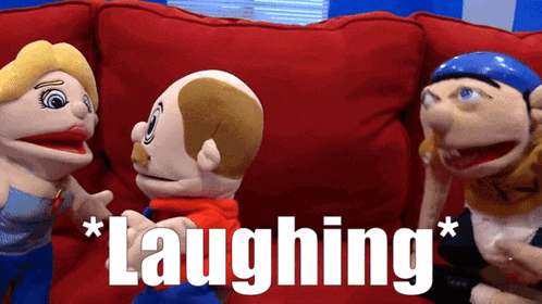 three stuffed animals are sitting on a red couch with the word laughing written on the bottom