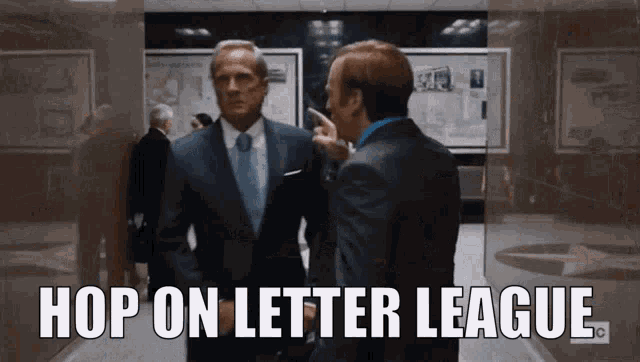 two men in suits standing next to each other with the words hop on letter league