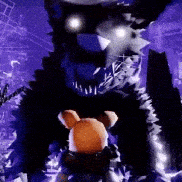 a teddy bear is standing next to a giant monster in a dark room .