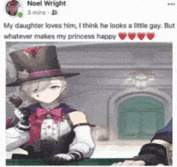 a facebook post from noel wright shows a girl in a top hat and bow tie
