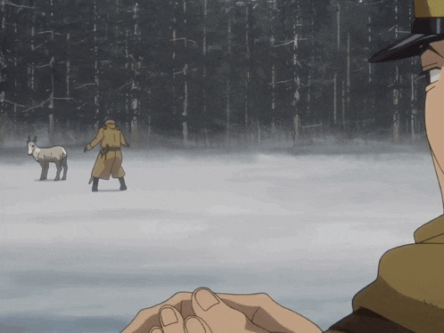 a man and a deer are standing in the snow in a forest