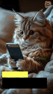 a cat is sitting on a couch looking at a cell phone with a picture of a cat on it