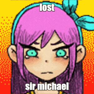 a pixel art of a girl with purple hair and green eyes with the words lost sir michael