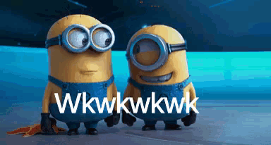 two minions are standing next to each other with the words wkwkwkwkwk written on the screen