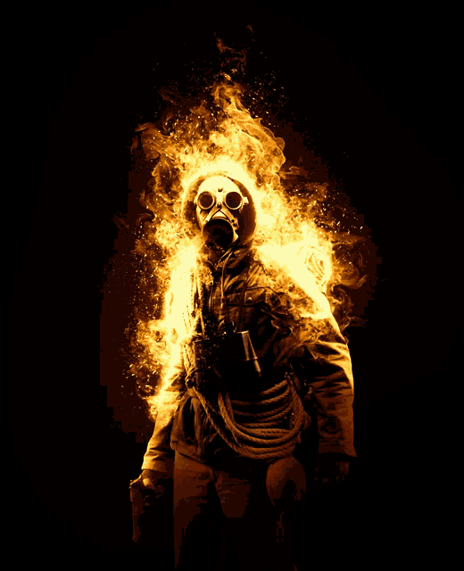 a person wearing a gas mask and goggles is surrounded by flames