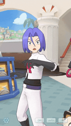 a cartoon character with purple hair and a red x on his chest