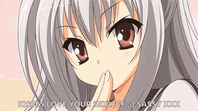 a cute anime girl with gray hair and red eyes is holding her hand to her mouth .