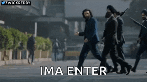 a man in a suit is walking down a street with a group of people behind him and the words ima enter above him