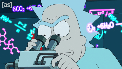 a cartoon of rick looking through a microscope with the letters [ as ] behind him