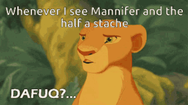 a picture of a lion with the caption whenever i see mannifer and the half a stache dafuq