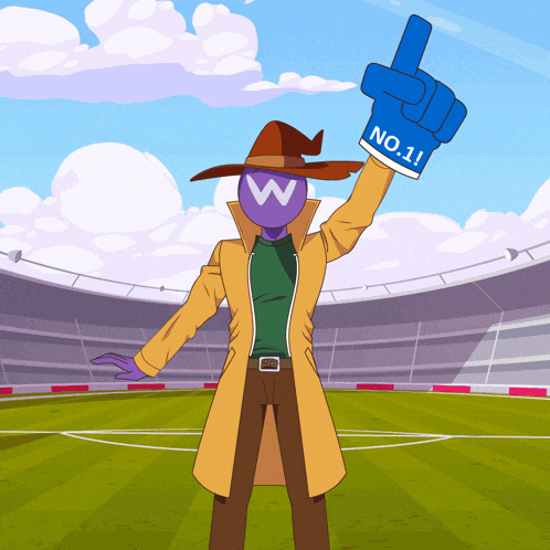a cartoon character is holding up a blue glove that says no.1