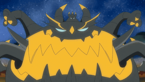a cartoon drawing of a monster with yellow and black horns and teeth