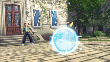 a cartoon character is standing in front of a building with a blue circle in the middle