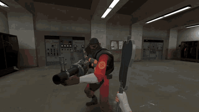 a man in a red jumpsuit with a yellow circle on his chest is holding a rocket launcher