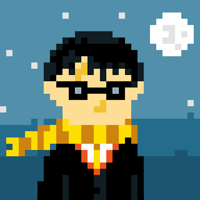 a pixel art illustration of a man wearing sunglasses and a yellow scarf .