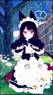 a girl in a maid outfit is standing in a field of daisies