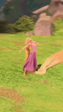 rapunzel from tangled is standing in the grass holding her hair