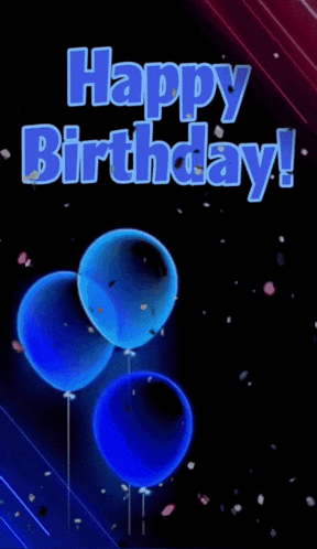 a happy birthday card with three blue balloons and confetti
