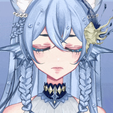 a close up of a girl 's face with her eyes closed and a seashell in her hair