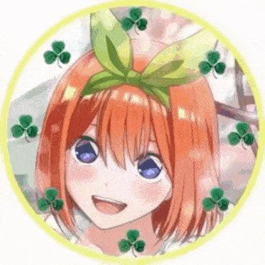 a girl with red hair and blue eyes is smiling in a circle with clovers around her head .