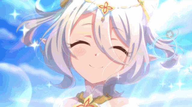 a girl with white hair and a flower on her head smiles