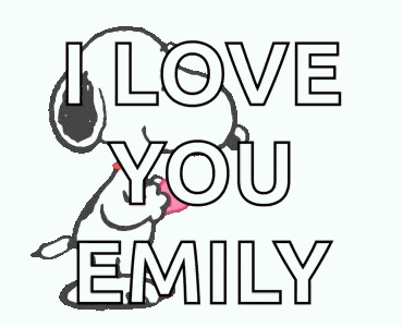 snoopy is holding a pink heart and says `` i love you emily ''