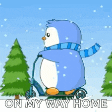 a penguin is riding a scooter in the snow with the words on my way home below him .