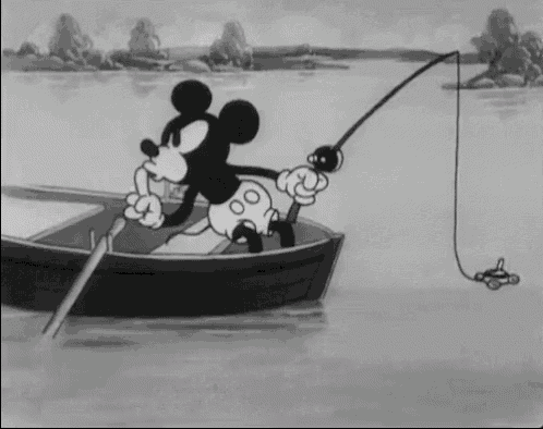 mickey mouse in a boat with a fishing rod