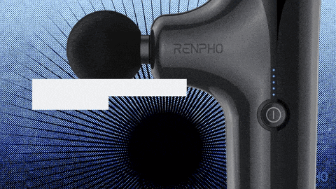 a renpho massage gun is shown with a blue and white background