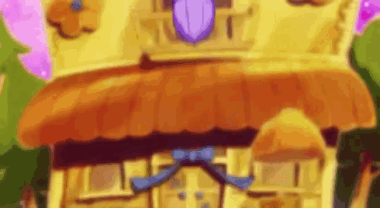 a cartoon drawing of a house with a purple leaf on top