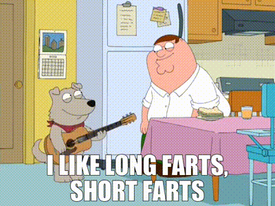 a cartoon of a dog playing a guitar and a man saying i like long farts short farts