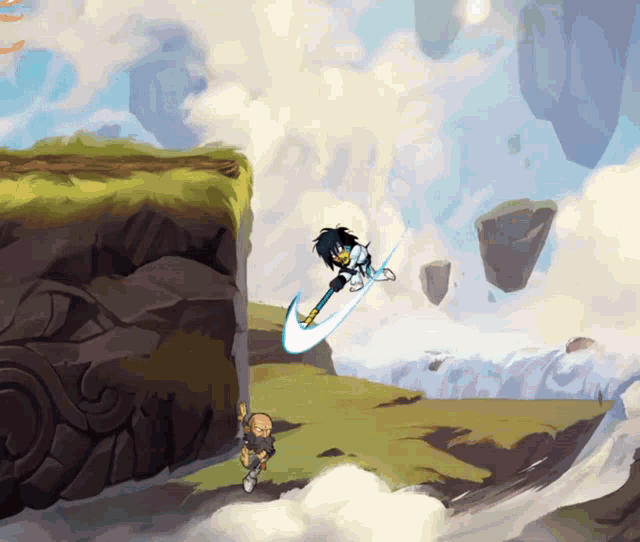 a video game character is flying through the air with a sword in his hand