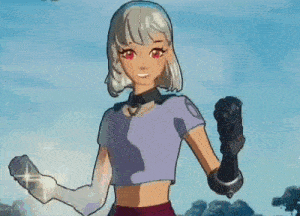a cartoon girl with white hair and red eyes is wearing a purple crop top and holding a black object .
