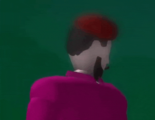 a cartoon character with a beard and red hair is wearing a pink shirt and standing in front of a green background .